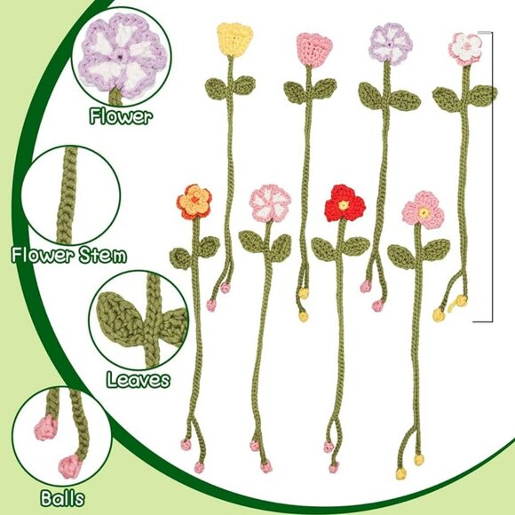 NEW 8 Flower Bookmarks Knitting Kit with Soft Yarn and Hook for Beginners - Picture 4 of 7